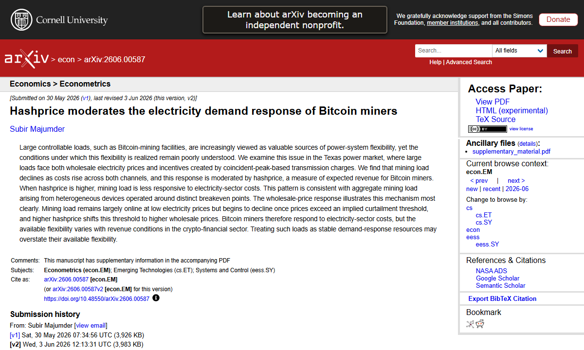 arXiv Bitcoin mining demand-response paper preview