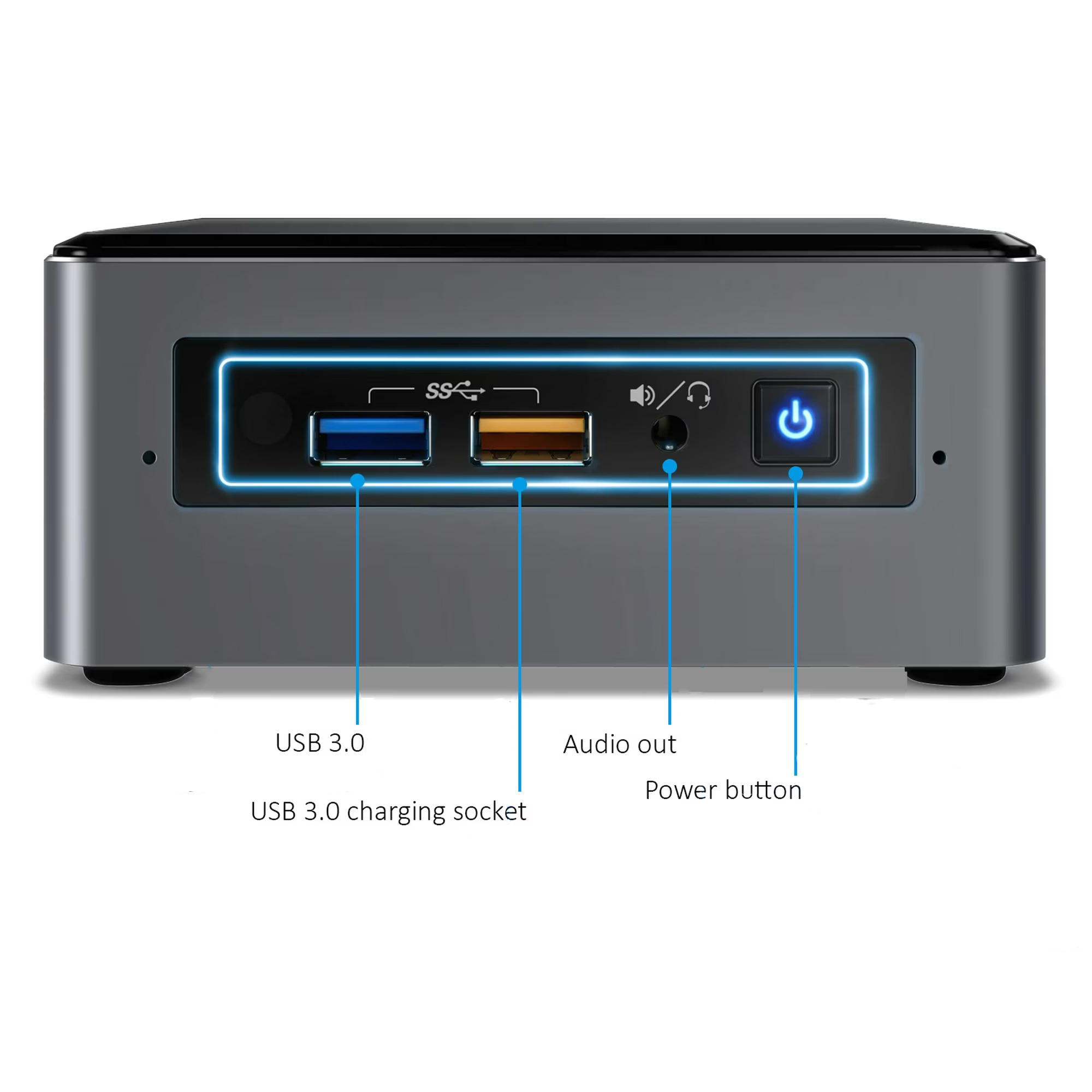 Front view of Intel NUC ports
