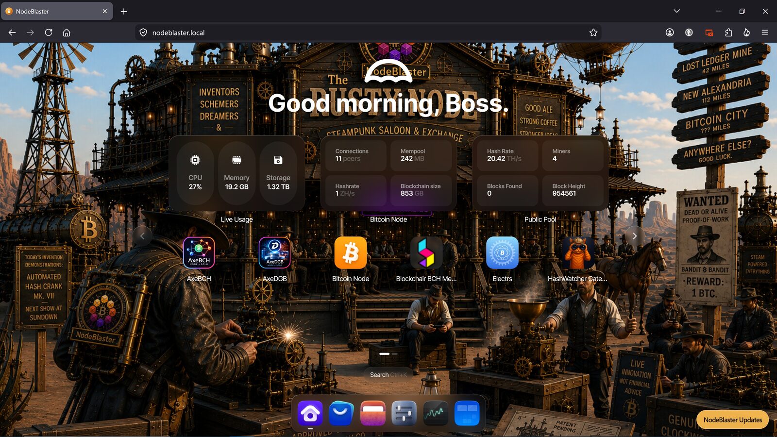 NodeBlaster Umbrel home screen with mining dashboard widgets and app icons
